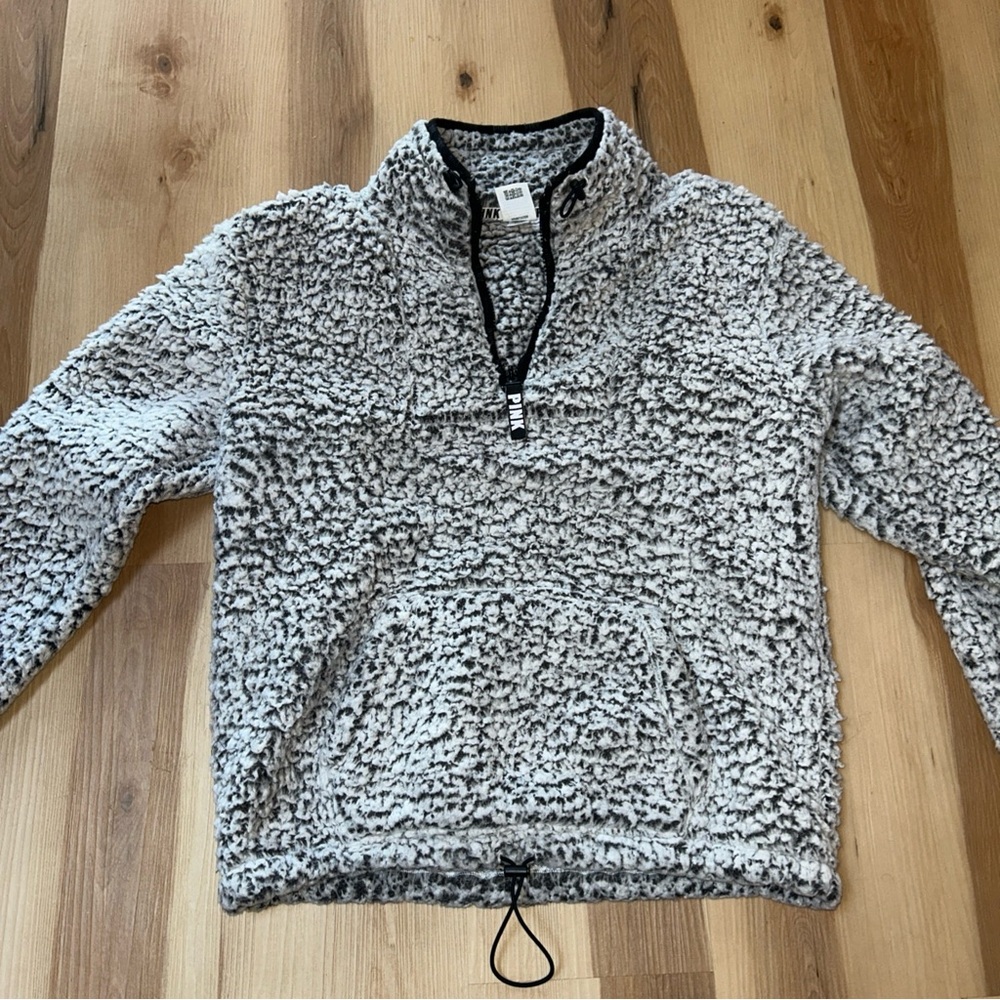 Victorias Secret PINK Pullover Quarter Zip Sherpa Jacket Sweater Gray Black SM